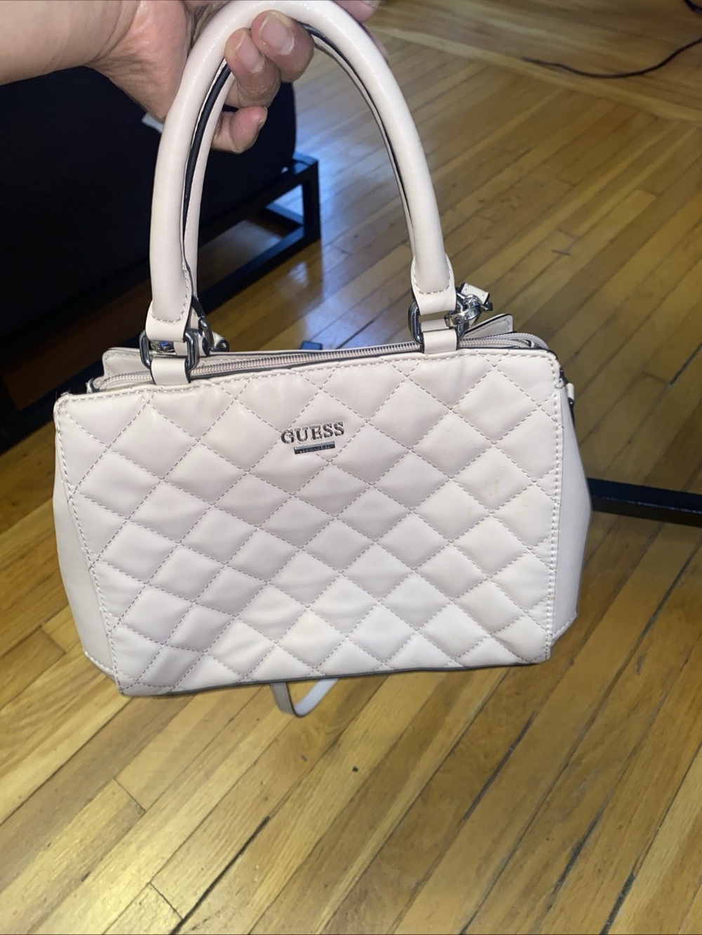 GUESS Quilted Satchel in Pale Pink with Silver Hardware